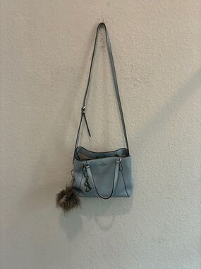 kate spade light blue pebbled leather crossbody shoulder bag with fur charm